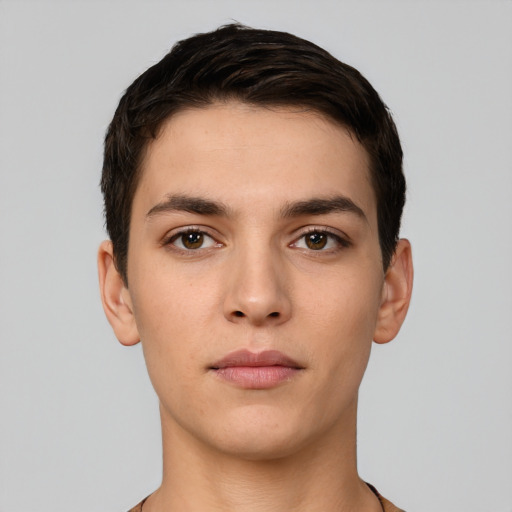 Neutral white young-adult male with short  brown hair and brown eyes