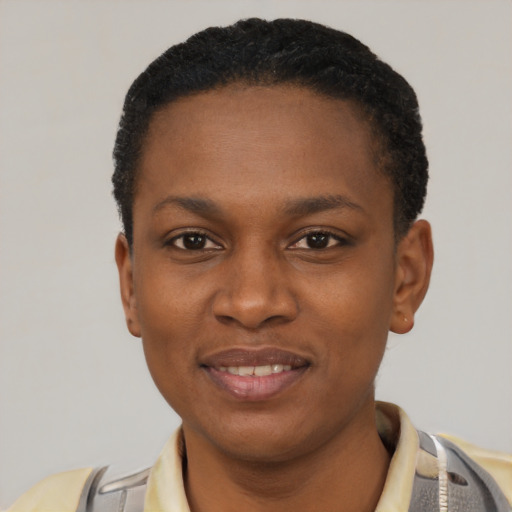 Joyful black young-adult female with short  black hair and brown eyes
