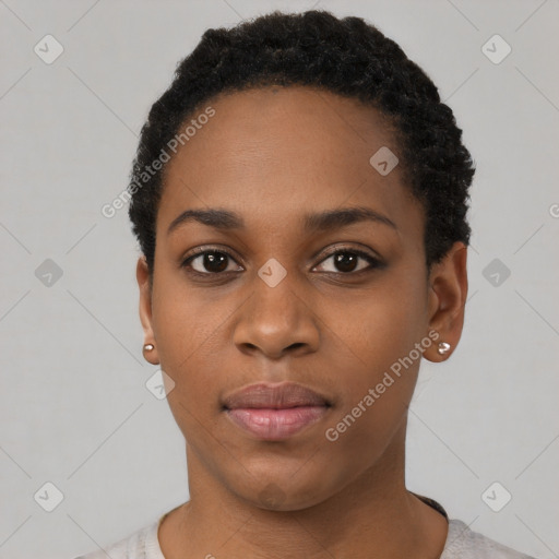 Neutral black young-adult female with short  black hair and brown eyes