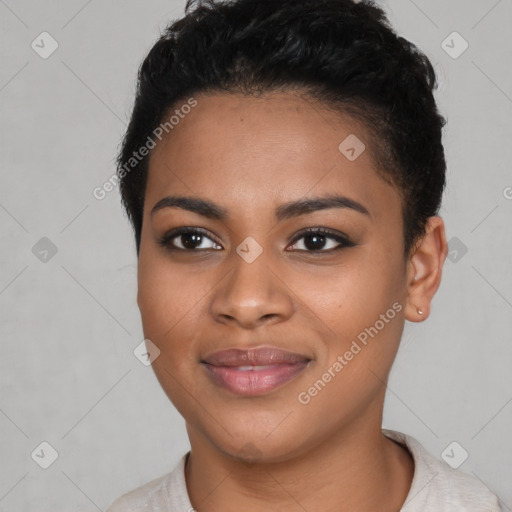 Joyful latino young-adult female with short  black hair and brown eyes