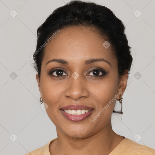 Joyful latino young-adult female with short  black hair and brown eyes