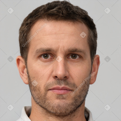 Neutral white adult male with short  brown hair and brown eyes