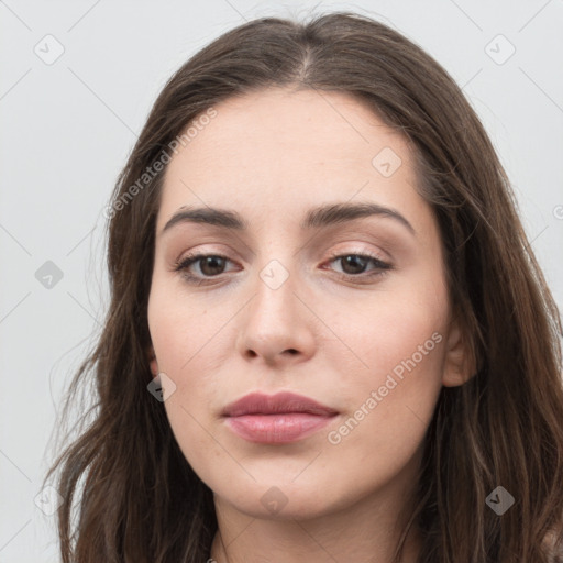 Neutral white young-adult female with long  brown hair and grey eyes