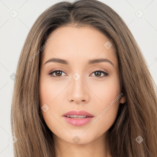 Neutral white young-adult female with long  brown hair and brown eyes