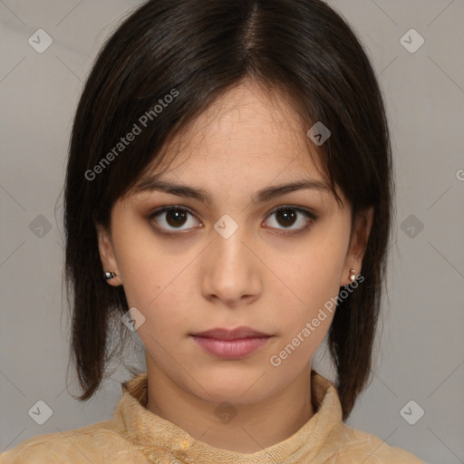 Neutral white young-adult female with medium  brown hair and brown eyes