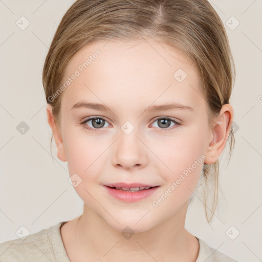 Joyful white child female with medium  brown hair and brown eyes