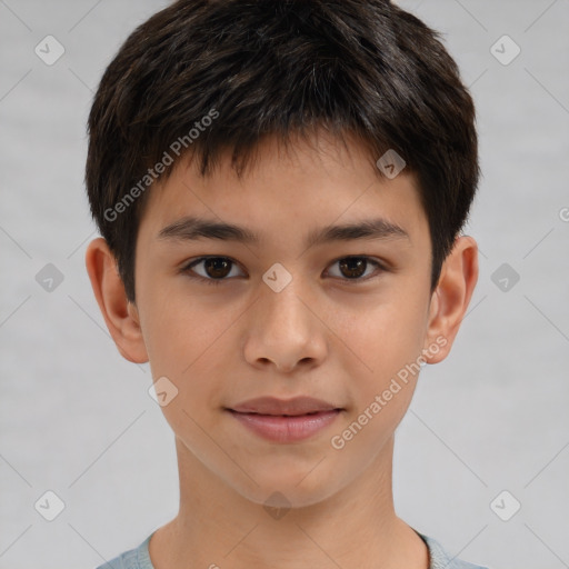 Joyful white child male with short  brown hair and brown eyes