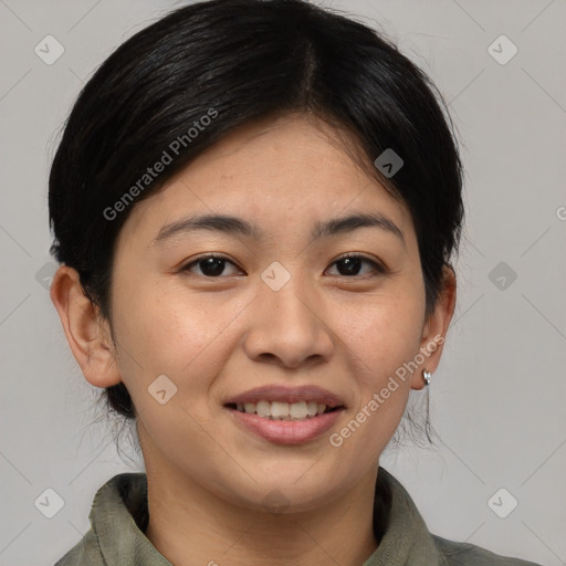 Joyful asian young-adult female with medium  brown hair and brown eyes