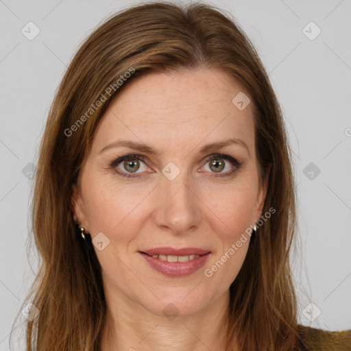 Joyful white young-adult female with long  brown hair and green eyes