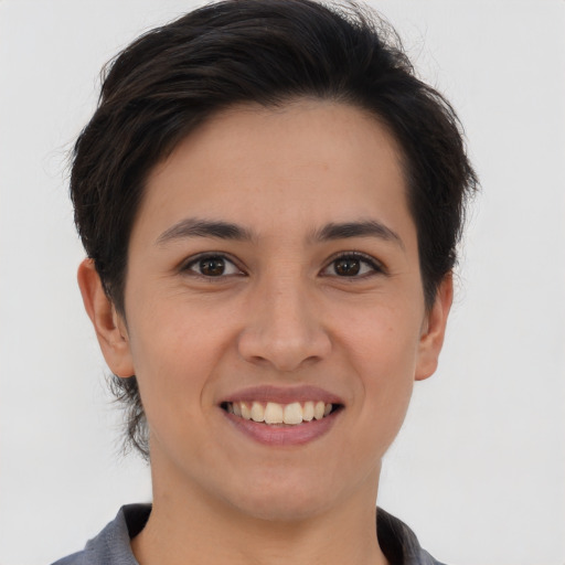 Joyful asian young-adult female with short  brown hair and brown eyes