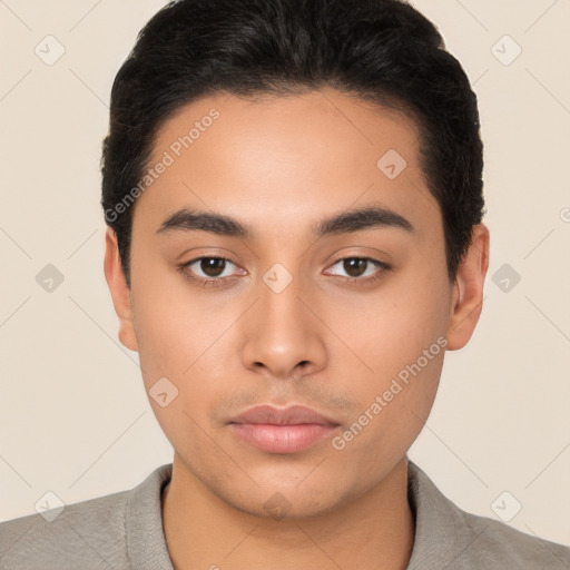 Neutral latino young-adult male with short  black hair and brown eyes