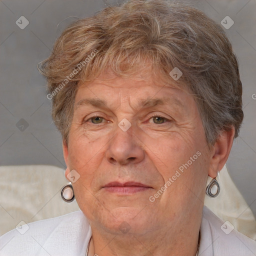 Neutral white middle-aged female with short  brown hair and brown eyes