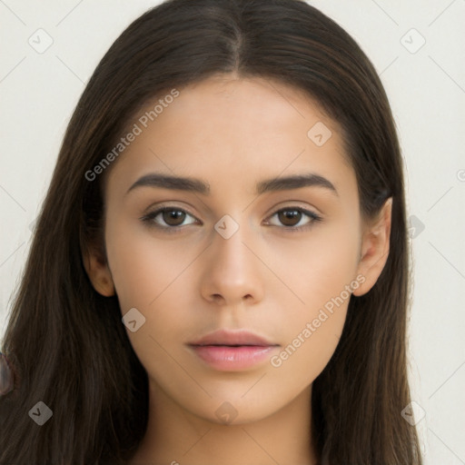 Neutral asian young-adult female with long  brown hair and brown eyes