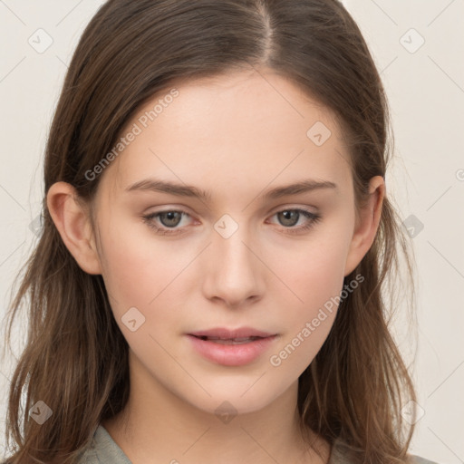 Neutral white young-adult female with long  brown hair and brown eyes