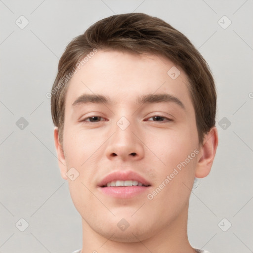 Neutral white young-adult male with short  brown hair and brown eyes