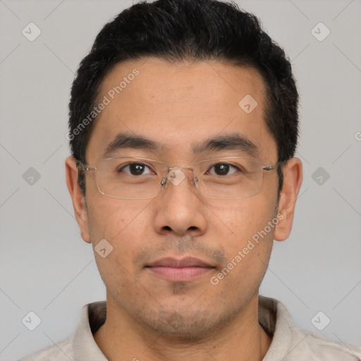 Neutral asian young-adult male with short  black hair and brown eyes