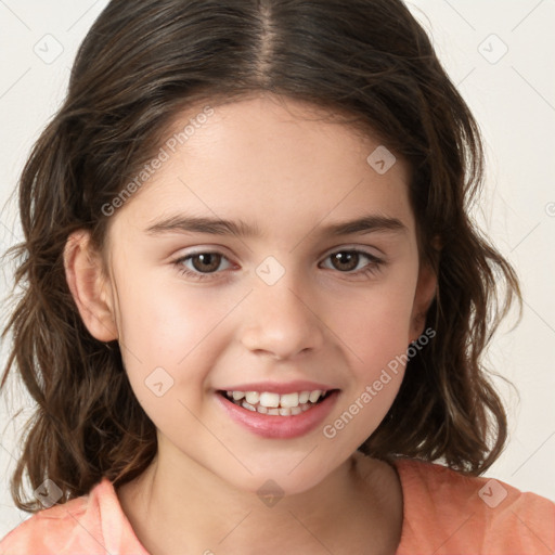 Joyful white child female with medium  brown hair and brown eyes