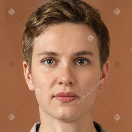 Joyful white young-adult female with short  brown hair and brown eyes