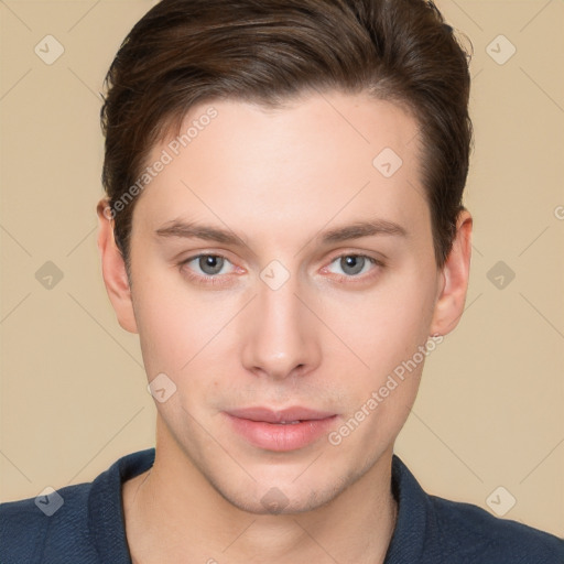 Neutral white young-adult male with short  brown hair and brown eyes