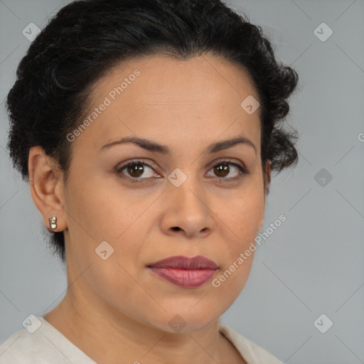 Joyful latino young-adult female with short  brown hair and brown eyes