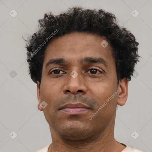 Neutral black adult male with short  black hair and brown eyes
