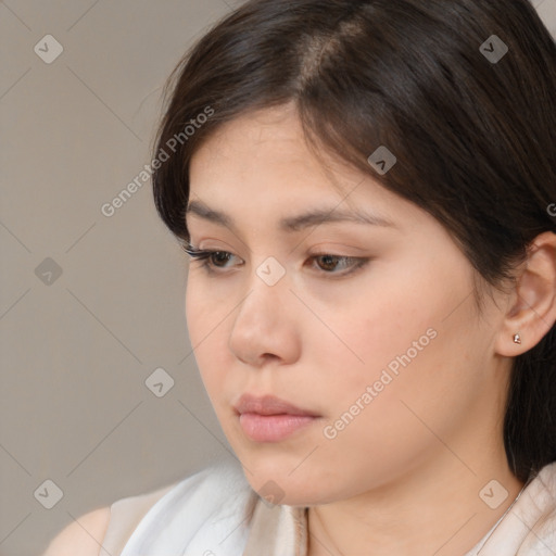 Neutral white young-adult female with medium  brown hair and brown eyes