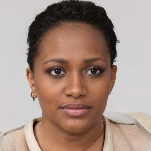Joyful black young-adult female with short  brown hair and brown eyes