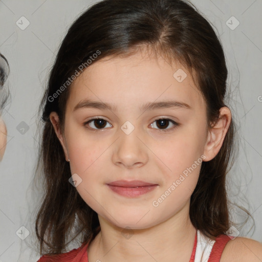 Joyful white child female with medium  brown hair and brown eyes