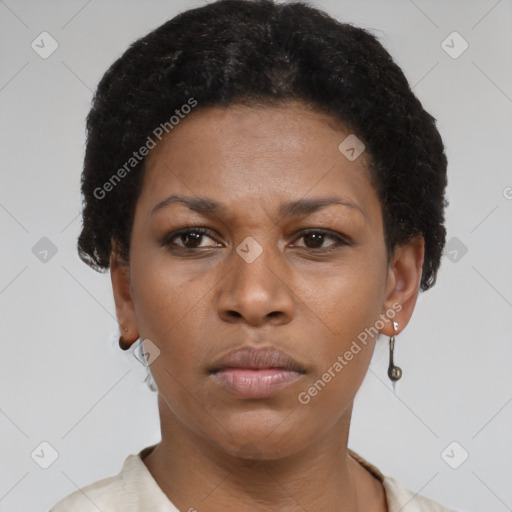 Neutral black young-adult female with short  brown hair and brown eyes