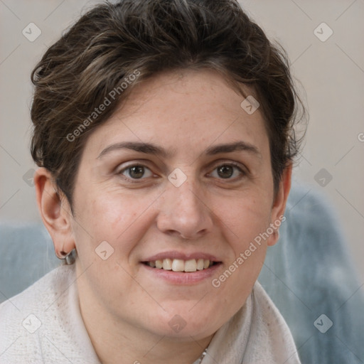 Joyful white adult female with short  brown hair and brown eyes