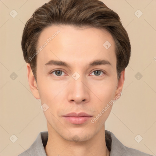 Neutral white young-adult male with short  brown hair and brown eyes