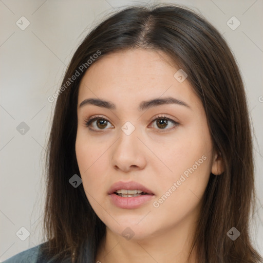 Neutral white young-adult female with long  brown hair and brown eyes