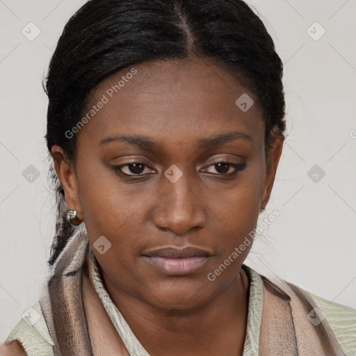 Neutral black young-adult female with short  brown hair and brown eyes