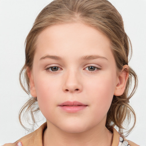 Neutral white child female with medium  brown hair and blue eyes