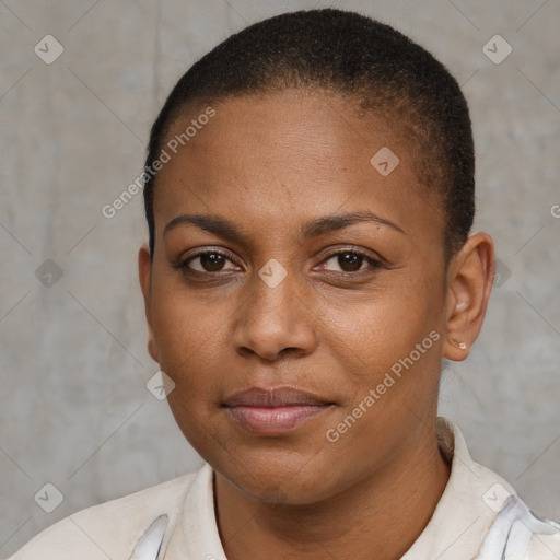 Neutral black young-adult female with short  brown hair and brown eyes