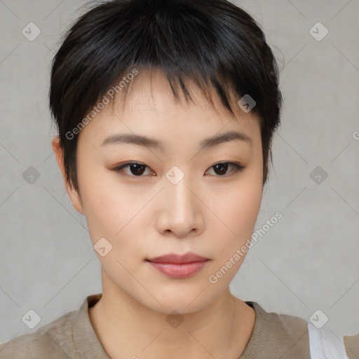 Neutral asian young-adult female with short  brown hair and brown eyes