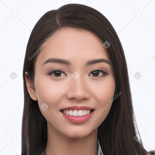 Joyful white young-adult female with long  black hair and brown eyes