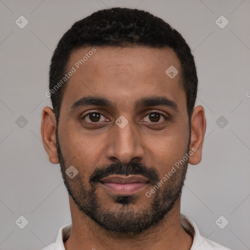 Neutral black young-adult male with short  black hair and brown eyes