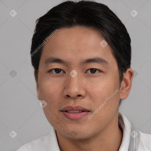 Neutral asian young-adult male with short  brown hair and brown eyes