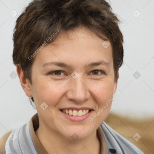 Joyful white young-adult female with short  brown hair and brown eyes