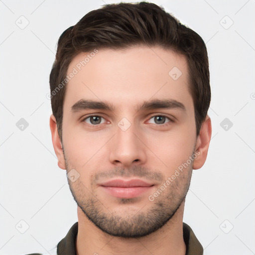 Neutral white young-adult male with short  brown hair and brown eyes