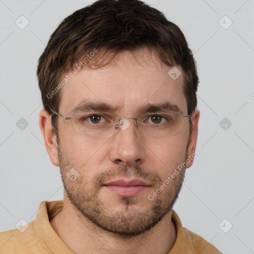 Neutral white young-adult male with short  brown hair and brown eyes