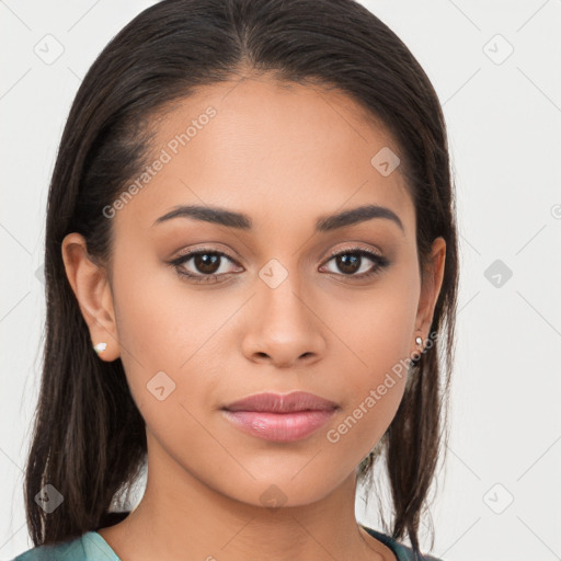 Joyful white young-adult female with long  brown hair and brown eyes