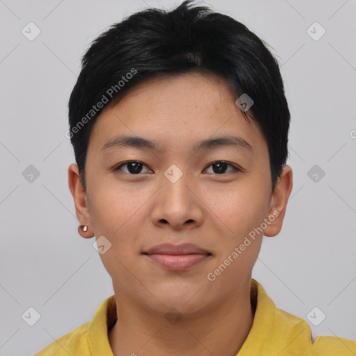 Neutral asian young-adult female with short  black hair and brown eyes