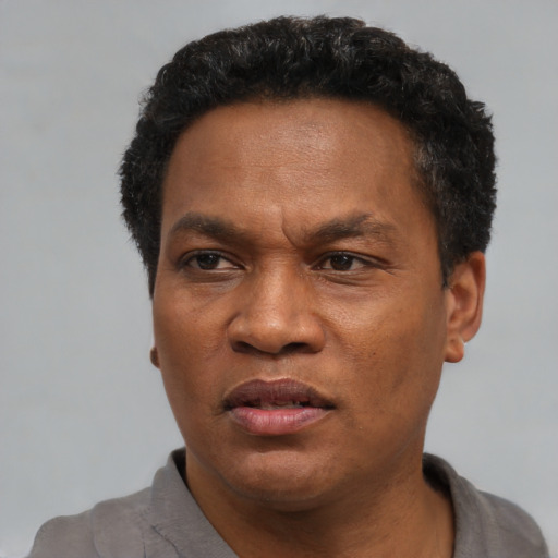Neutral black adult male with short  black hair and brown eyes