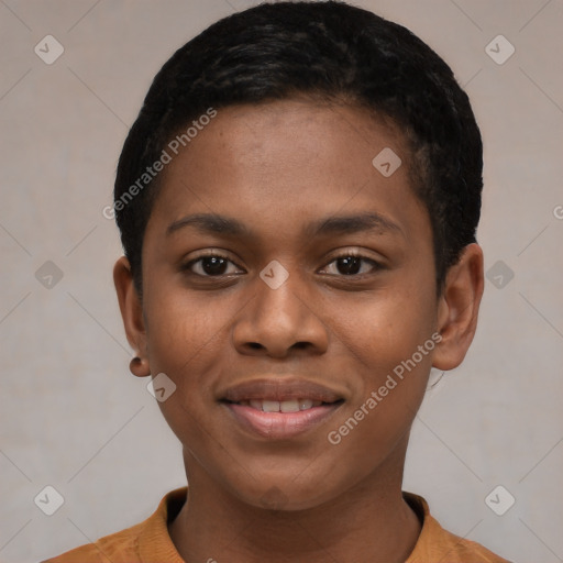 Joyful latino young-adult female with short  black hair and brown eyes