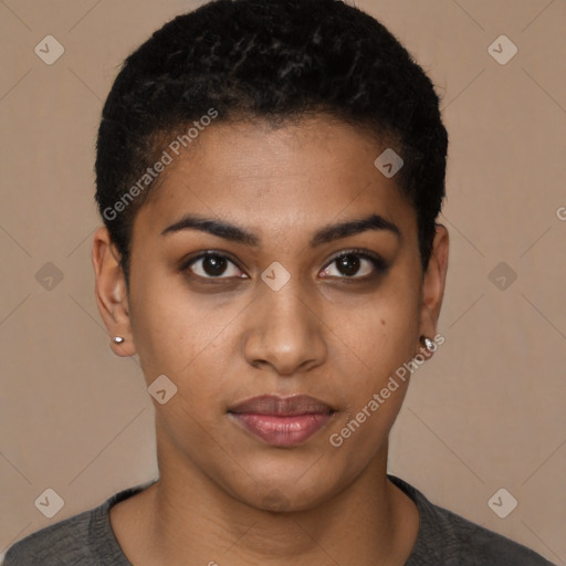 Joyful black young-adult female with short  black hair and brown eyes