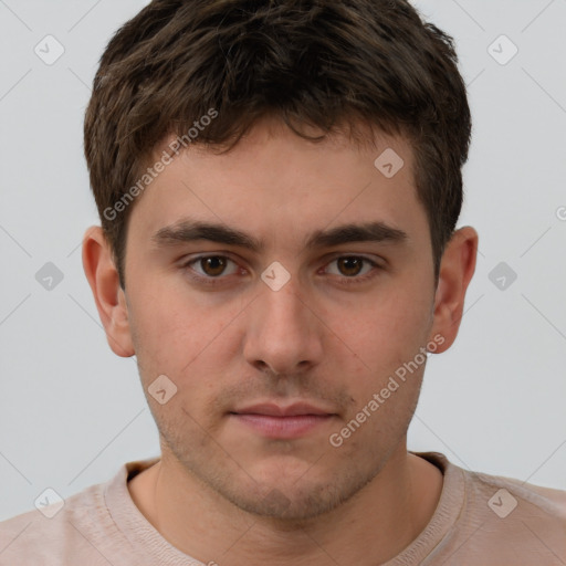 Neutral white young-adult male with short  brown hair and brown eyes