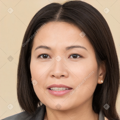 Joyful white young-adult female with medium  brown hair and brown eyes