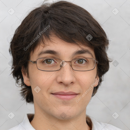 Joyful white adult female with medium  brown hair and brown eyes